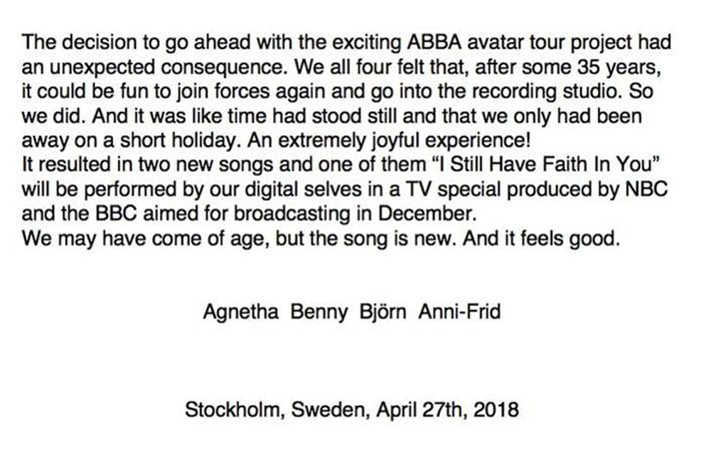 アバが35年ぶりに4人そろってスタジオ入り、新曲2曲が完成したことを発表